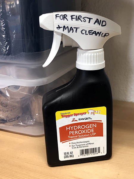 Hydrogen peroxide in a spray bottle is handy for cleaning up any blood.