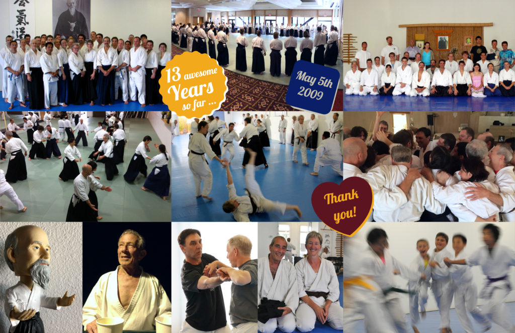A collage of group photos from Aikido seminars, and photos of Aikido teachers