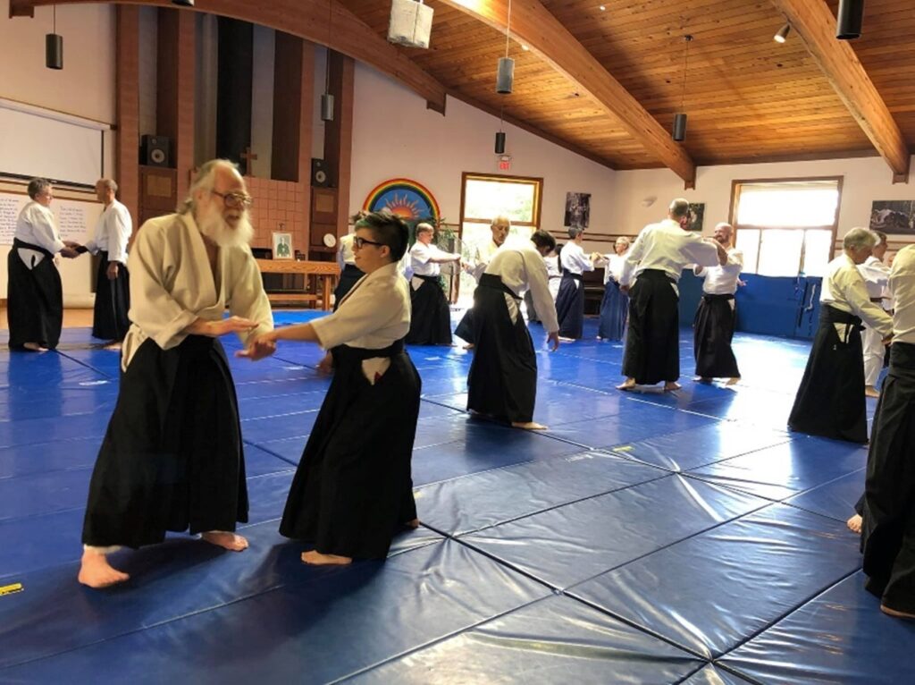 People in white gis and black, skirt-like hakama, practicing Aikido on a huge blue mat in a modern cathedral sort of space