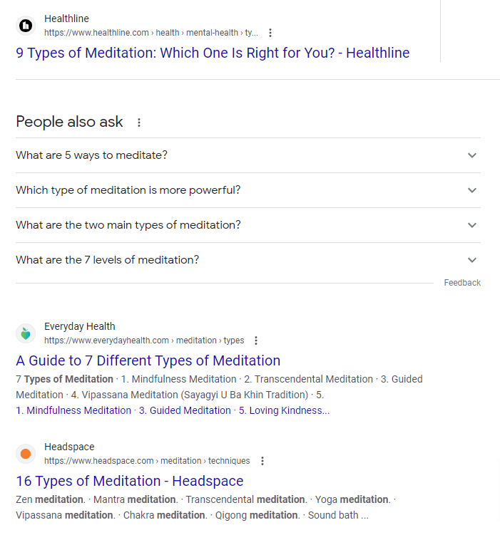 A screen shot of search results about meditation, where each of the results proclaims that there is a different number of "types of meditation."